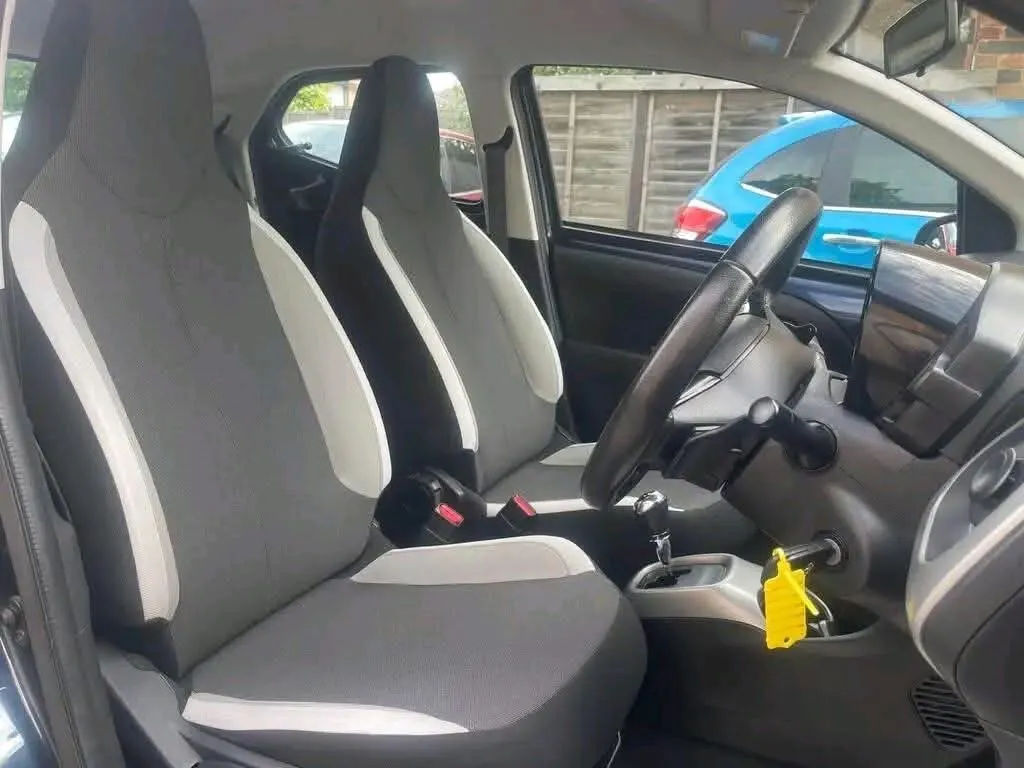 Toyota Aygo interior, two-tone cloth front seats and dashboard